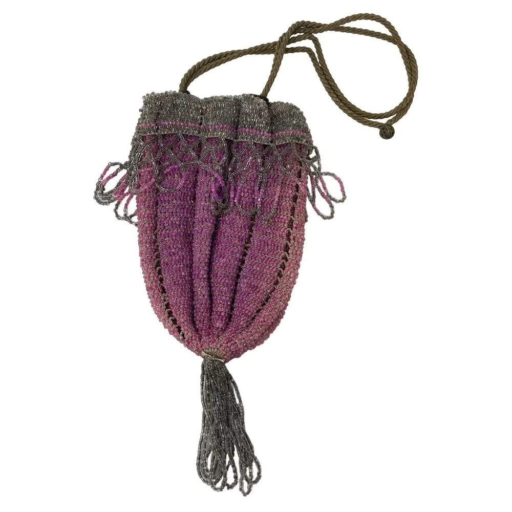 Glass Bead Drawstring Flapper Purse Manganese‎ Cadmium 1920s Purple UV Reactive